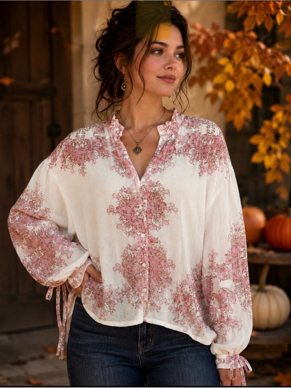 🌸 Anthropologie Pink Floral Button Front Blouse Romantic Cottagecore Boho top S